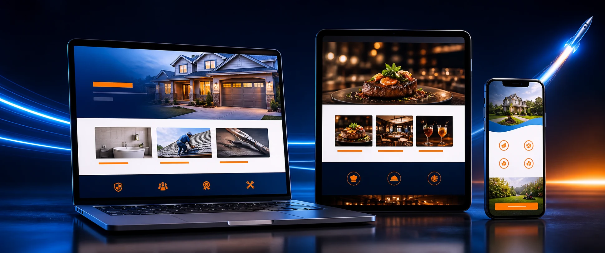 Examples of responsive contractor, restaurant, and local business websites on a laptop, tablet, and phone