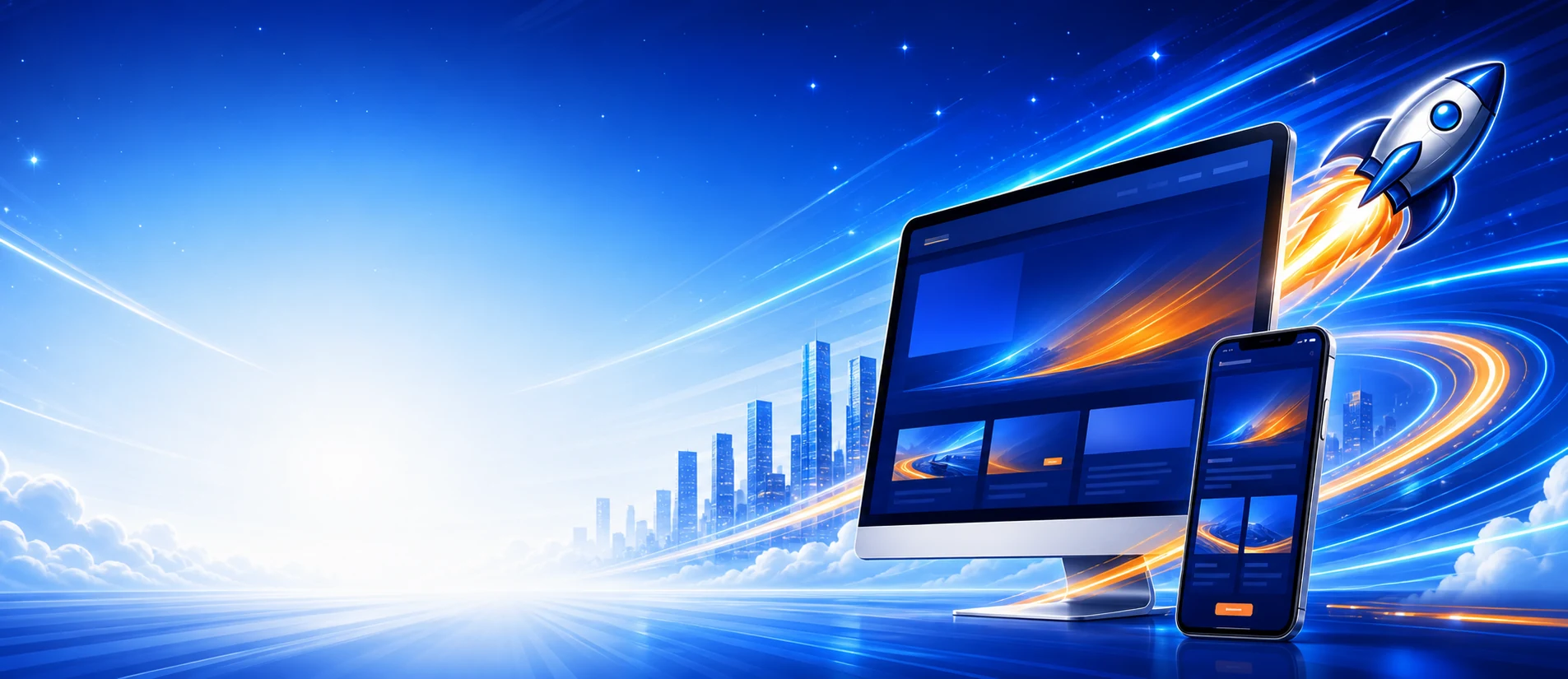 Rocket launching beside a responsive website shown on a desktop monitor and phone